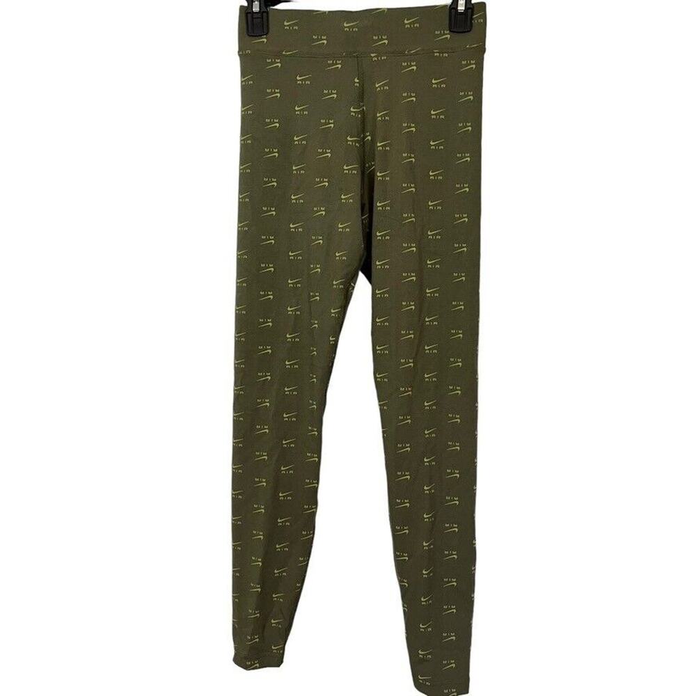 Nike High Waisted Print Leggings Pants Olive Green Spellout Logo Skinny NWT S